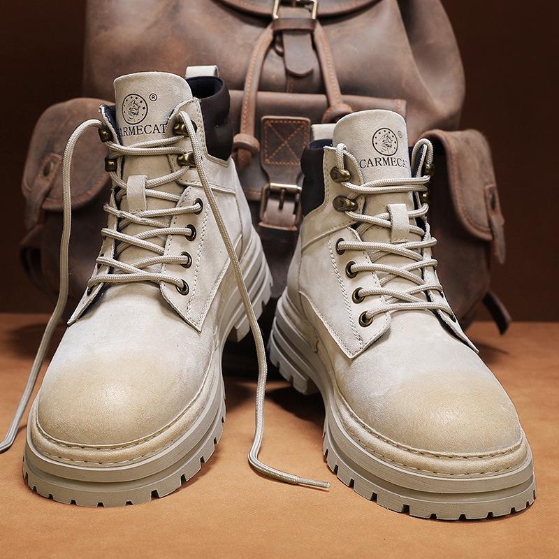 Putian Men's Genuine Leather Warm Fleece-Lined Martin Boots, Yellow British-Style Ankle Workwear Boots