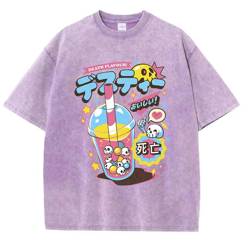 Fashion Woman Washed T-Shirts Funny Skull Drink Printing Short Sleeve Cotton Distressed Oversize Crewneck Tops Street Clothes