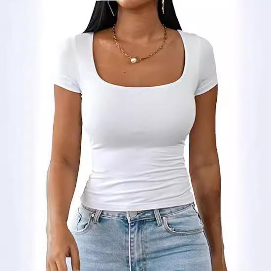 Dames 2025 Sommer U-hals Slim Casual T-skjorte - Kort Ermet Mote Pullover