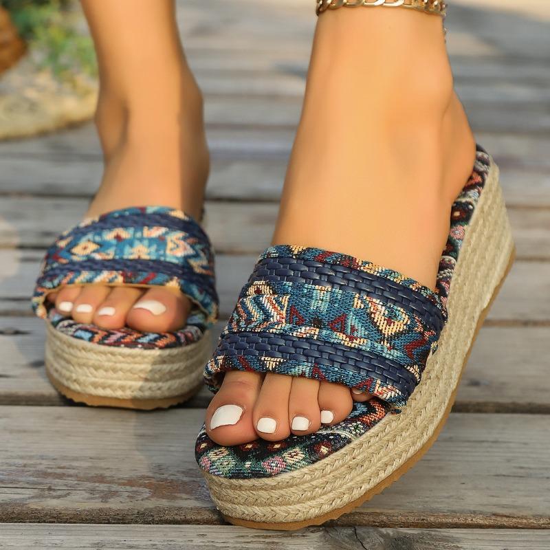 

Large size thick-soled slippers women s summer new hemp rope bottom slope heel color matching slippers 35