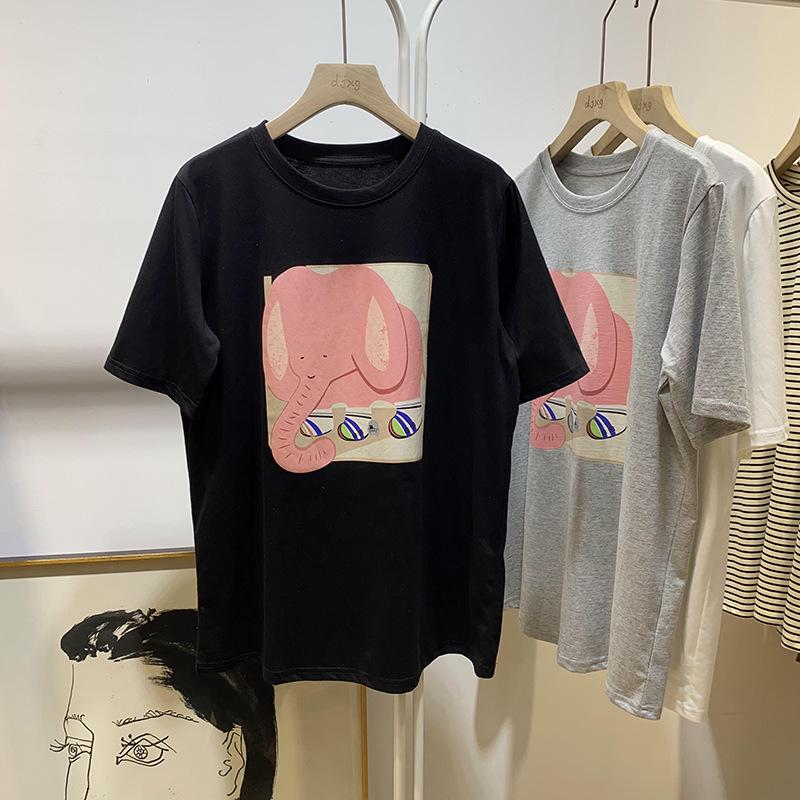 

Женская летняя белая хлопковая футболка с мультяшным принтом 2024 года — короткий рукав, круглый вырез, повседневный. Large чёрный