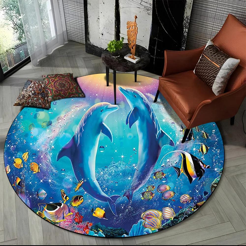 Underwater World Seabed Fish Dolphin Cartoon Round Carpet Rug for Living Room Bedroom Kids Decor,Pet Area Rug Non-slip Floor Mat