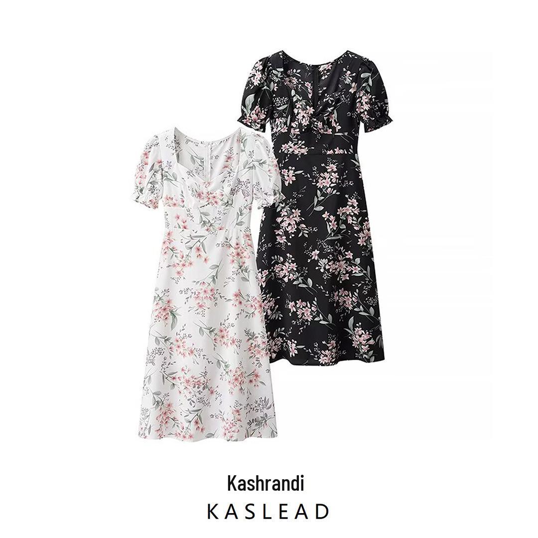 

2025 Spring European & American Style Women s Slimming Square Neck Printed Short Sleeve Dress L білий