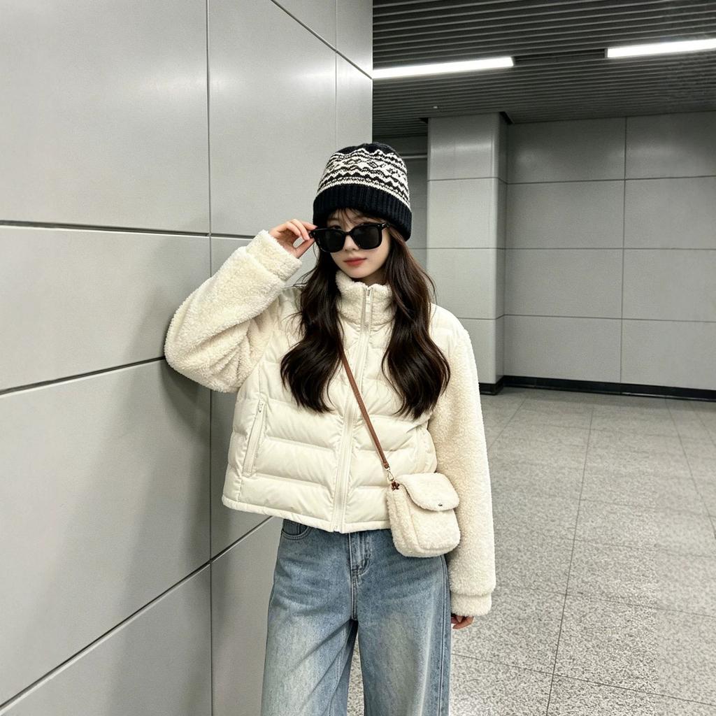Design sense knitted sleeves splicing down cotton-padded clothes women's winter small people thickened warm bread clothes cotton-padded jacket