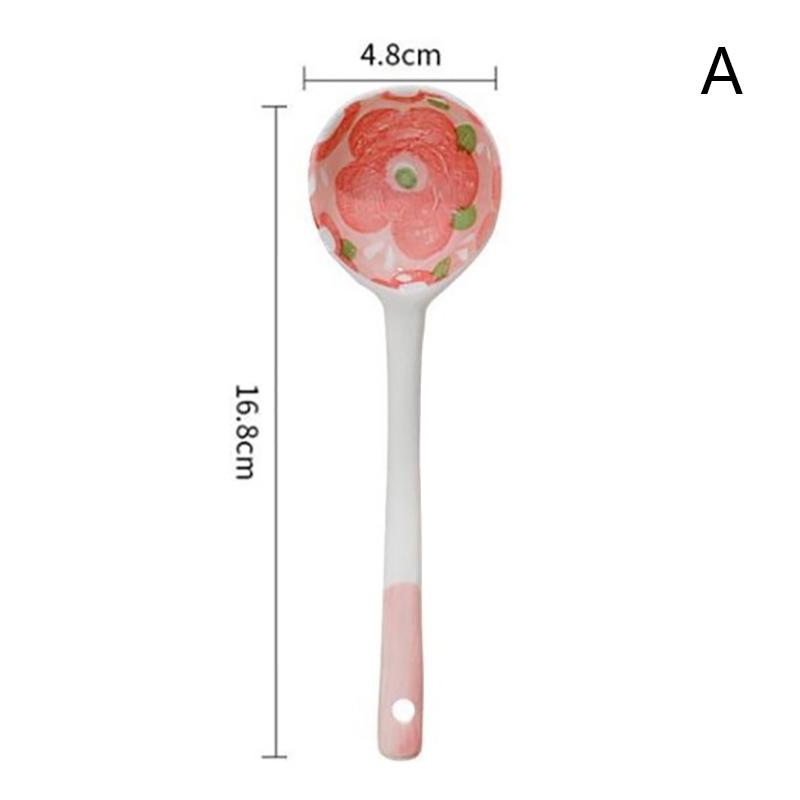 Kawaii květinová keramická polévková lžíce Roztomilá korejská zmrzlina Ručně malovaný kávový dezert Lžíce s dlouhou rukojetí Kuchyňské doplňky