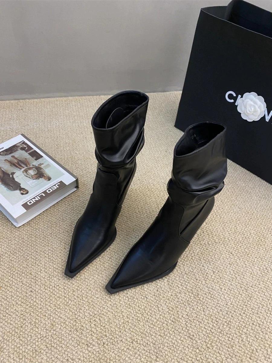 

Остроносые плиссированные ботфорты для женщин на осень 2024 года, короткие ботинки на тонком каблуке, короткие ботинки на высоком каблуке 35 чёрный