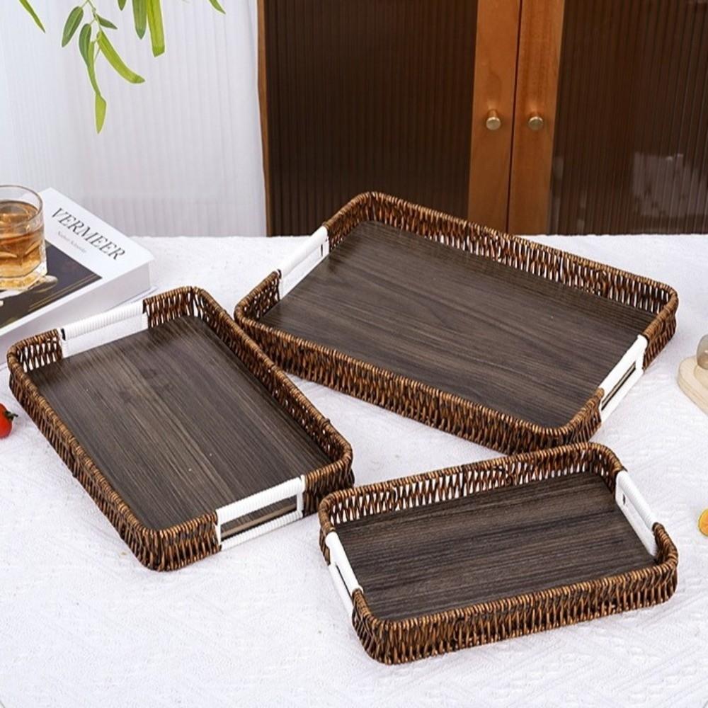 Handwoven Wicker Serving Tray Woven Handheld Plastic Rattan Storage Tray  Kitchen Storage