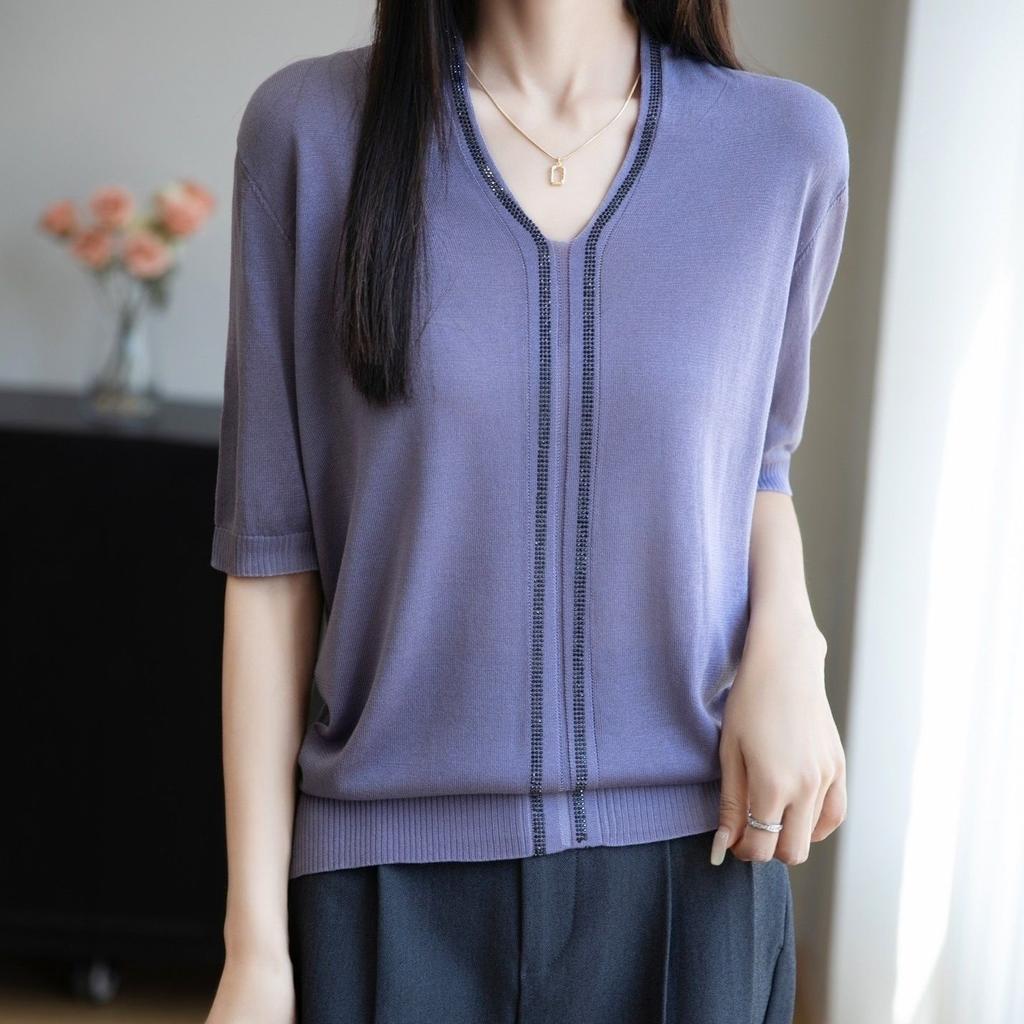 Summer Women's Silk Knit Sweater Short Sleeve V-neck Diamond Knitted Sweater Loose Knit  T Shirt Top