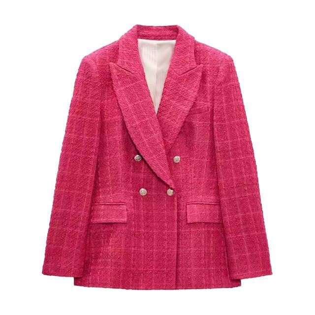 Women Jacket Autumn Fashion Double Breasted Tweed Check Blazer Coat Vintage Long Sleeve Pockets Female Outerwear
