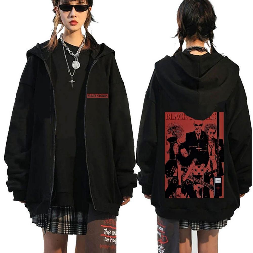 Japanese Anime Black Stone Zipper Hoodie Men's and Women's Manga Casual Zipper Jacket Men's Retro Harajuku Zipper Sweatshirt