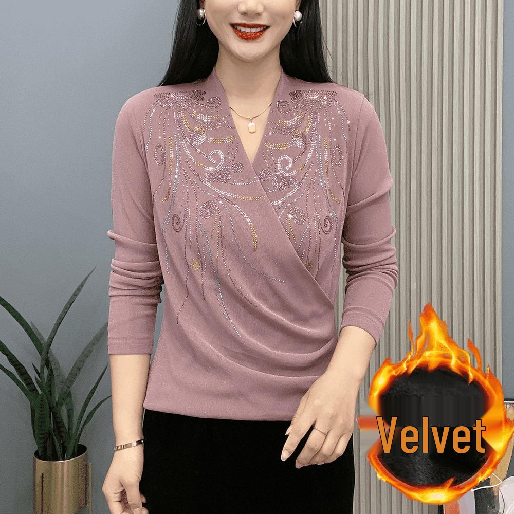 Autumn/Winter Cross-Neck Rhinestone Phoenix Long-Sleeve Base Layer Shirt