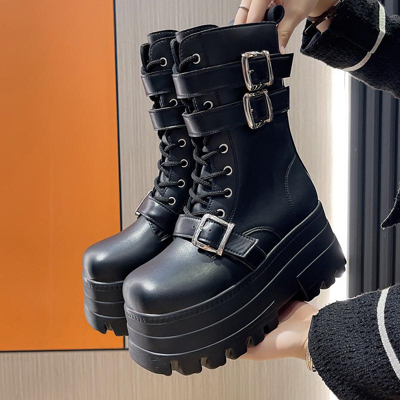 Fashion 9CM Chunky Platform Ankle Boots Women 2025 New Autumn Winter Motorcycle Boots Woman Thick Bottom Non Slip Leather Combat Boots