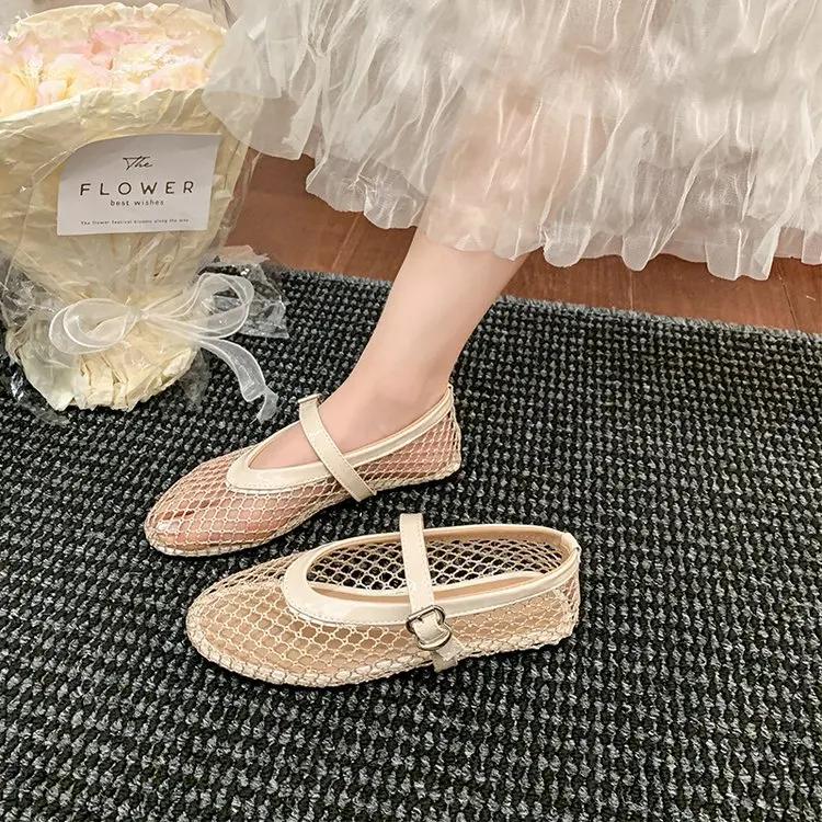 Round Toe One Buckle Strap Ballet Shoes Women's Summer New Flat Shoes Cutout Mary Jane Single Fishnet Shoes