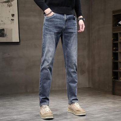 Autumn And Winter New Velvet/Thin Men'S High-End Denim Slim Fit Straight Tube Elastic Casual Versatile Trendy Brand Light Business Pants