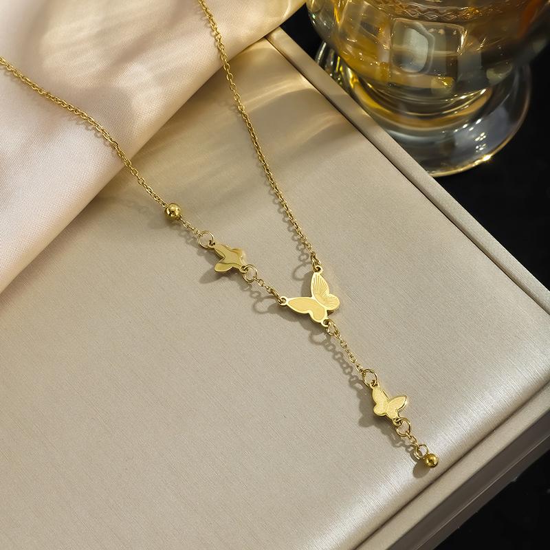 Butterfly Tassel High-Grade Titanium Steel Necklace, 18K Gold-Plated Clavicle Chain, Fade-Resistant and Versatile for Women.