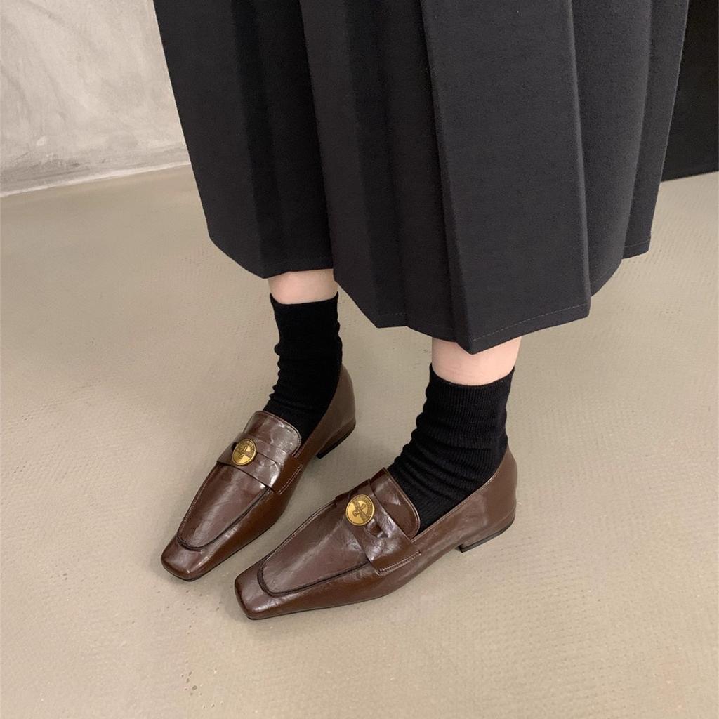 Vintage Mori Maillard brown deep-mouth small leather shoes women's 2025 spring and autumn soft-soled single shoes one pedal Muller shoes
