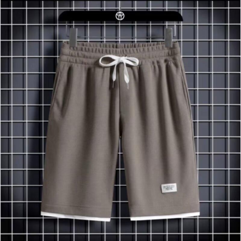 

Мужские шорты вафельного цвета в гонконгском стиле с цветными блоками — свободная повседневная летняя спортивная одежда «два в одном»