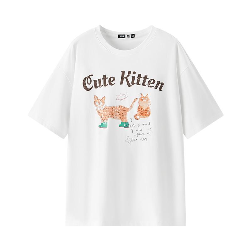 Semir Short Sleeve T-Shirt Women Mid-Length Pattern Cute Retro 2025 New Summer Moisture Wicking Loose Top Niche Style