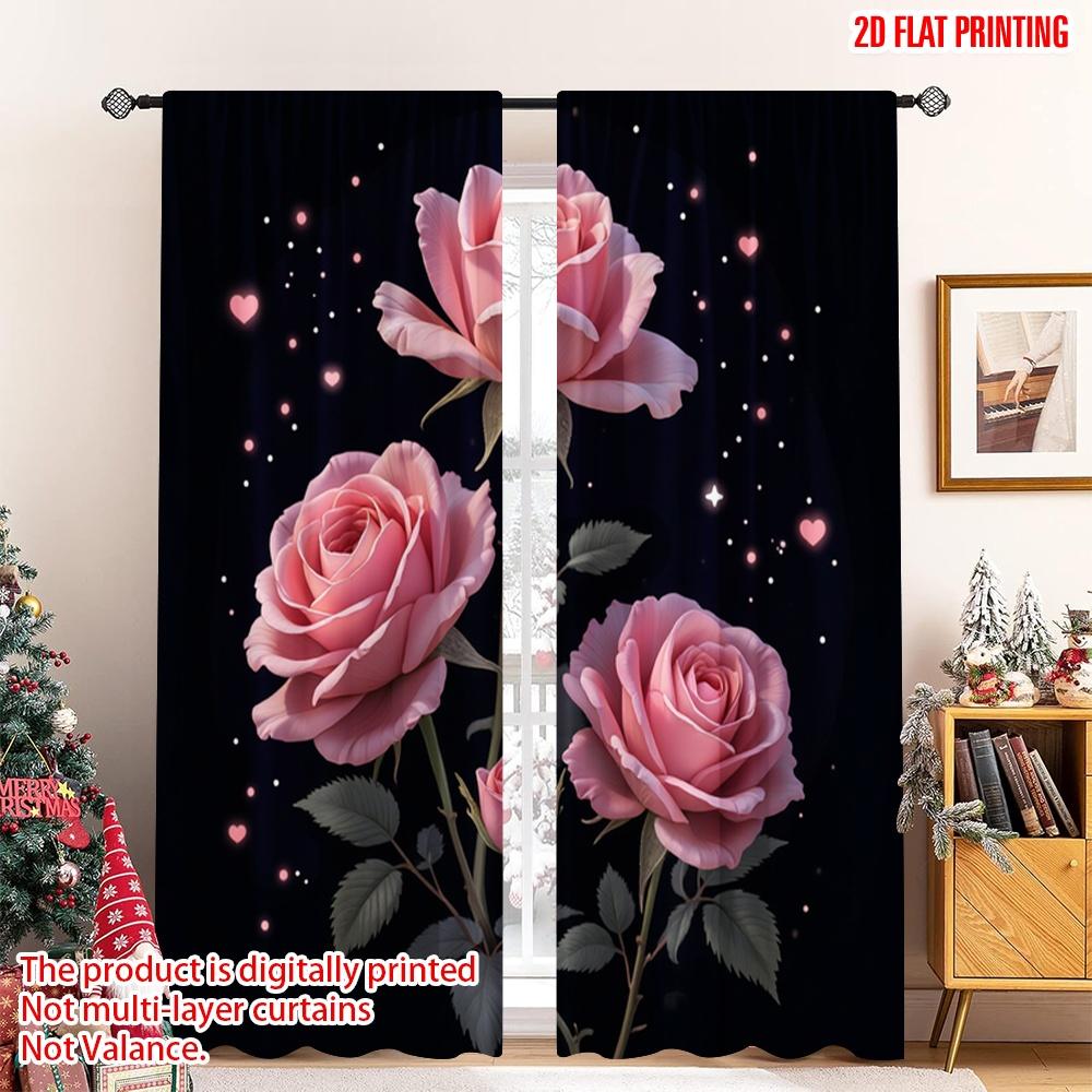

Set Of 2 Flat Printing Window Curtains Pink Roses Starry Night Digital Printed Polyester Drapes Seasonal Party Holiday Decor Curtain Made W100*H70(CM)-Hooks&2PCS