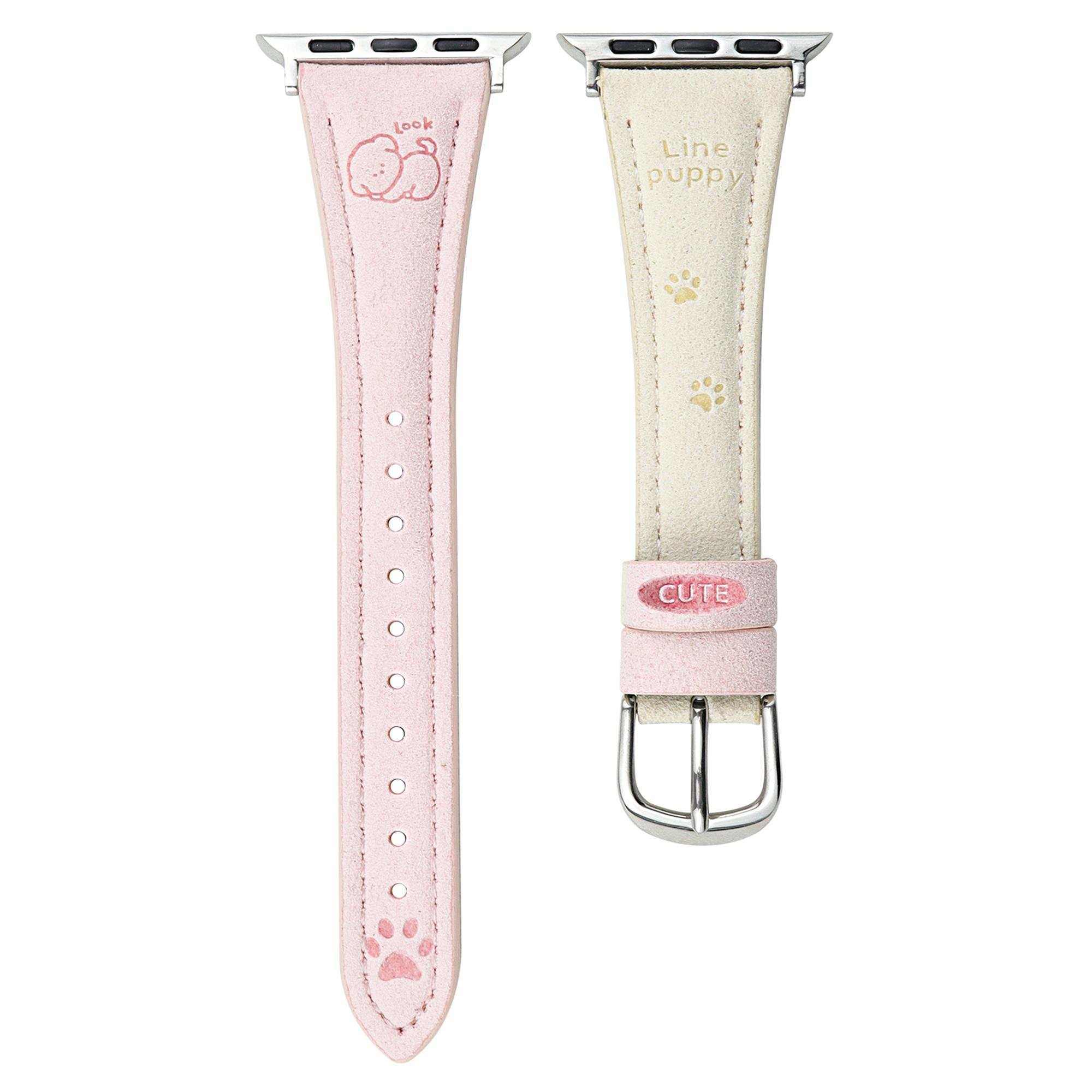 

Cartoon Puppy Pattern Leather Strap for Apple Watch Series 10 46mm/Ultra 2/Ultra 49mm/9 8 7 45mm/SE (2023) SE (2022) SE 6 5 4 44mm/3 2 1 42mm Pink+White