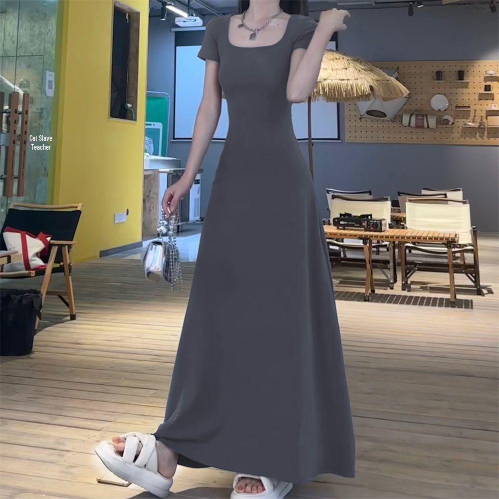 Elegant Slimming French Waist Short Sleeve Maxi Dress for Women 2026