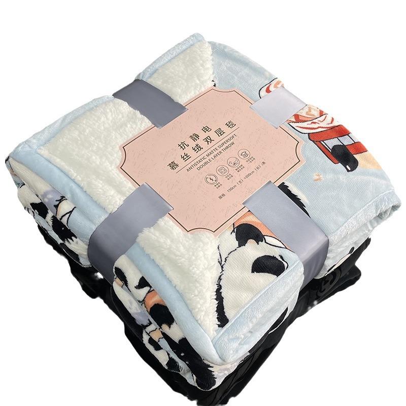 Cartoon Panda Blanket Autumn/Winter Thick Warm Air Conditioning Blanket Milk Velvet Cover Blanket Student Napping Blanket