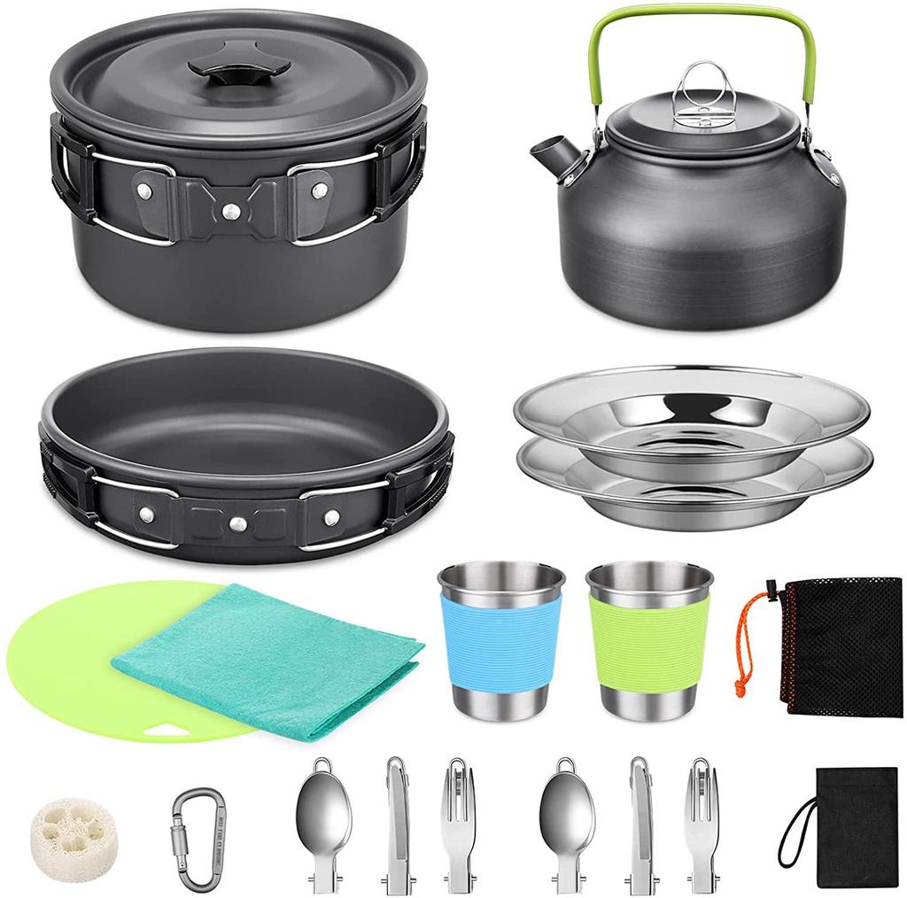 Portable Outdoor Cookware Set for 2-3 People with Teapot - Hard Anodized Aluminum, New Product