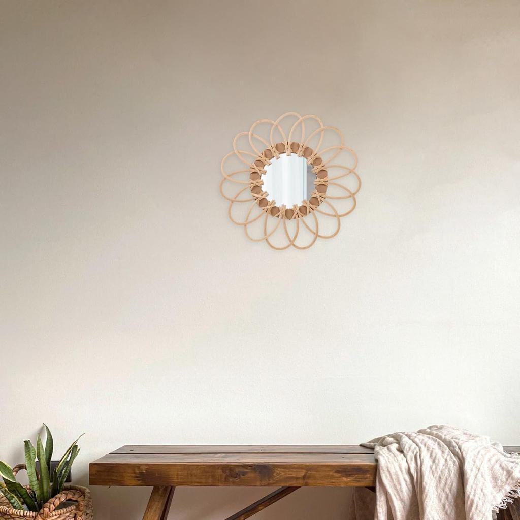 Alipis Handmade Boho Wall Mirror - Nordic Style Woven Hanging Mirror for Living Room, Entryway, Makeup Room - Decorative Beige Wall 11.02 Inch