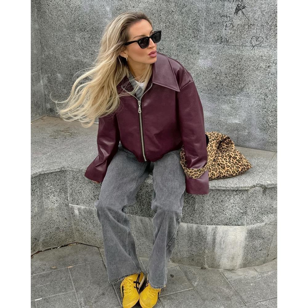 Wine Red Faux Leather Jakcet Fashion Outerwear Thicken Zipper Lapel Pu Coats Autumn Winter Streetwear Ladies Tops Women