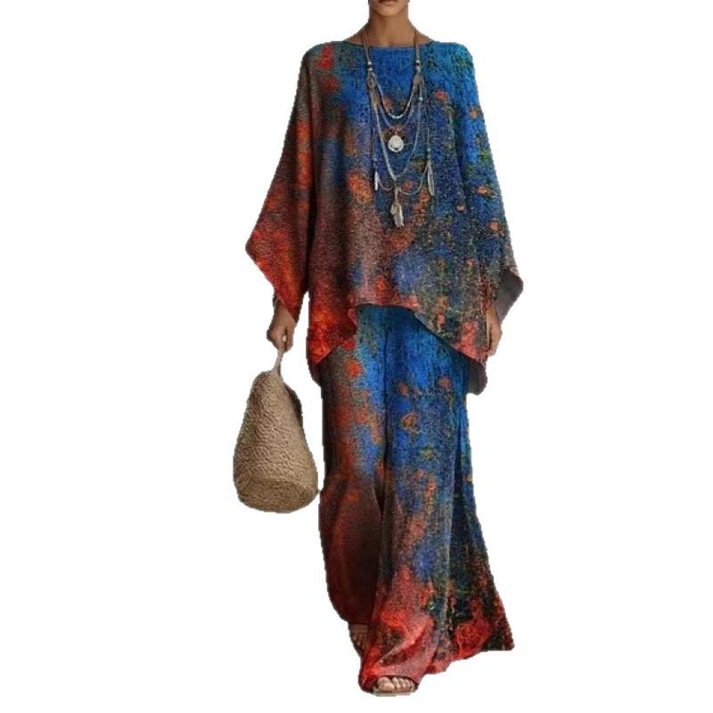 16 European and American artistic sense abstract graffiti set, round neck bat sleeve top + wide-leg pants loose two-piece set