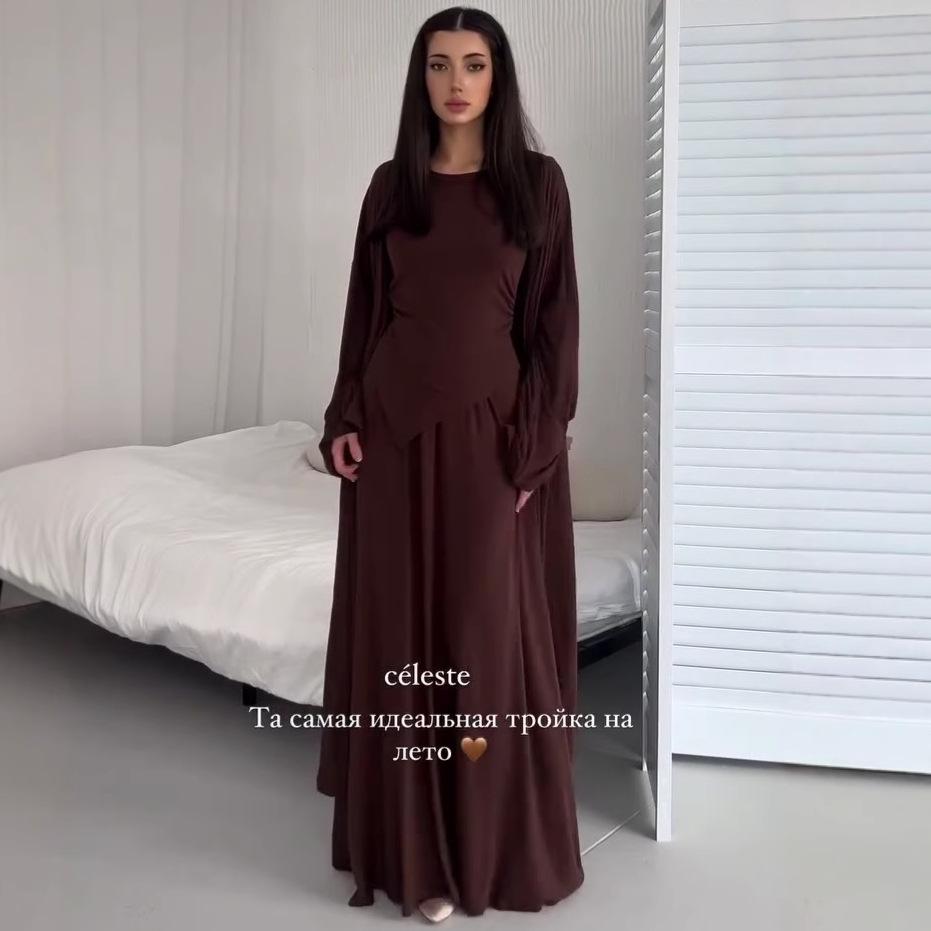 2025 Autumn Versatile Headscarf, Short Sleeve, Midi Skirt Three-piece Set