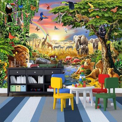 Photo Mural Wallpaper 3D Cartoon Grassland Animal Lion Zebra Children Room Bedroom Home Decor Wall Painting