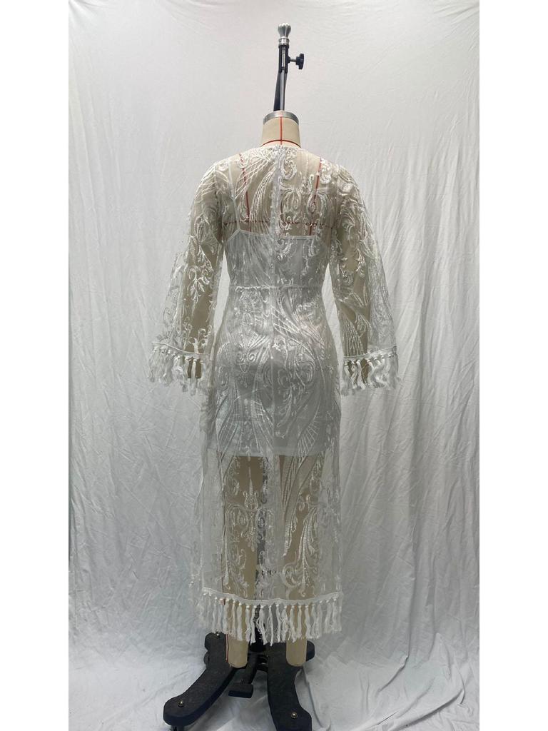 2025 Spring European & American Women's Embroidered White Tassel Lace Evening Dress