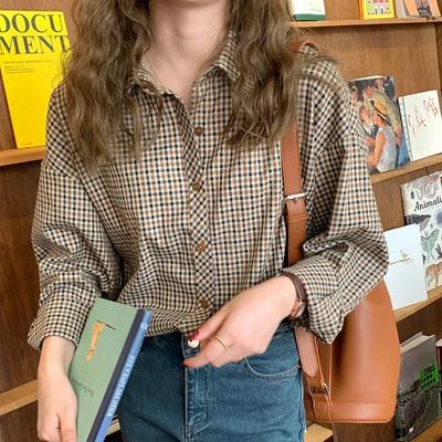 Spring Autumn Plaid Shirts Women Retro Turn-down Collar Blouses Button Up Elegant Long Sleeve Outwear Femme