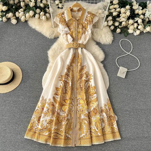 Retro Floral Print Ruffle Sleeveless Elegant Midi Dress A-line Beach Vacation Belt Dress Women Korean Fashion Summer Vestidos