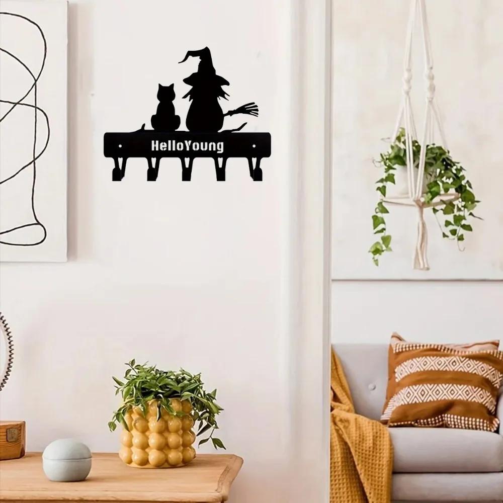 1pc Witch and Cat Metal Key Holder Wall Hook Art Decorative Accessories for Wall Mounting, Keychain