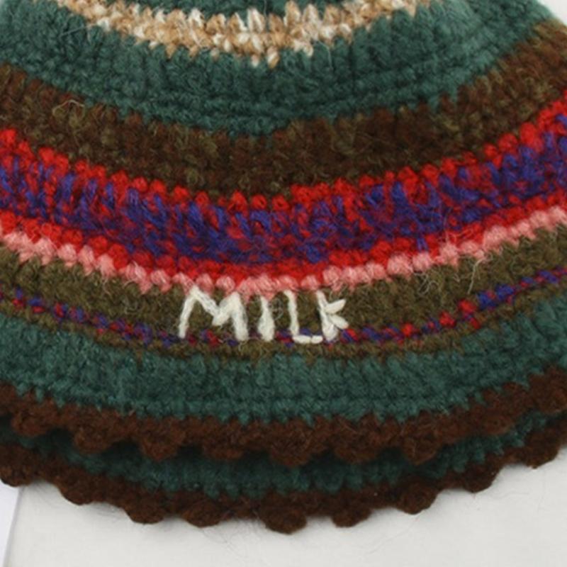 Rainbow Stripe Pattern Crochet Bucket Hat Ladies Commute Camping Fisherman Cap with Stripe Pattern for Girlfriend