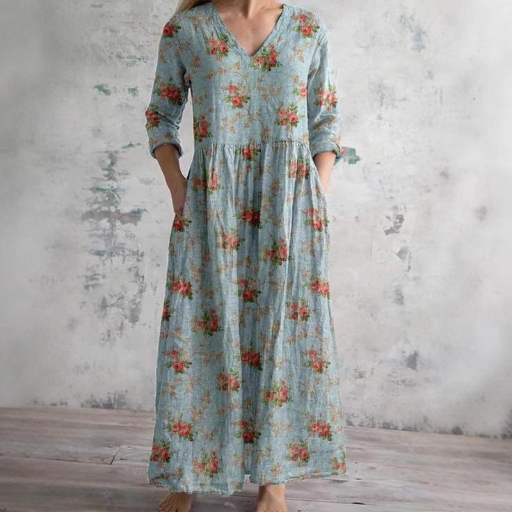 Damen Langarm V-Ausschnitt Maxi Kleid mit Streifenmuster, Knöchellanges Fließendes Kleid, Lässig Elegantes Kleid