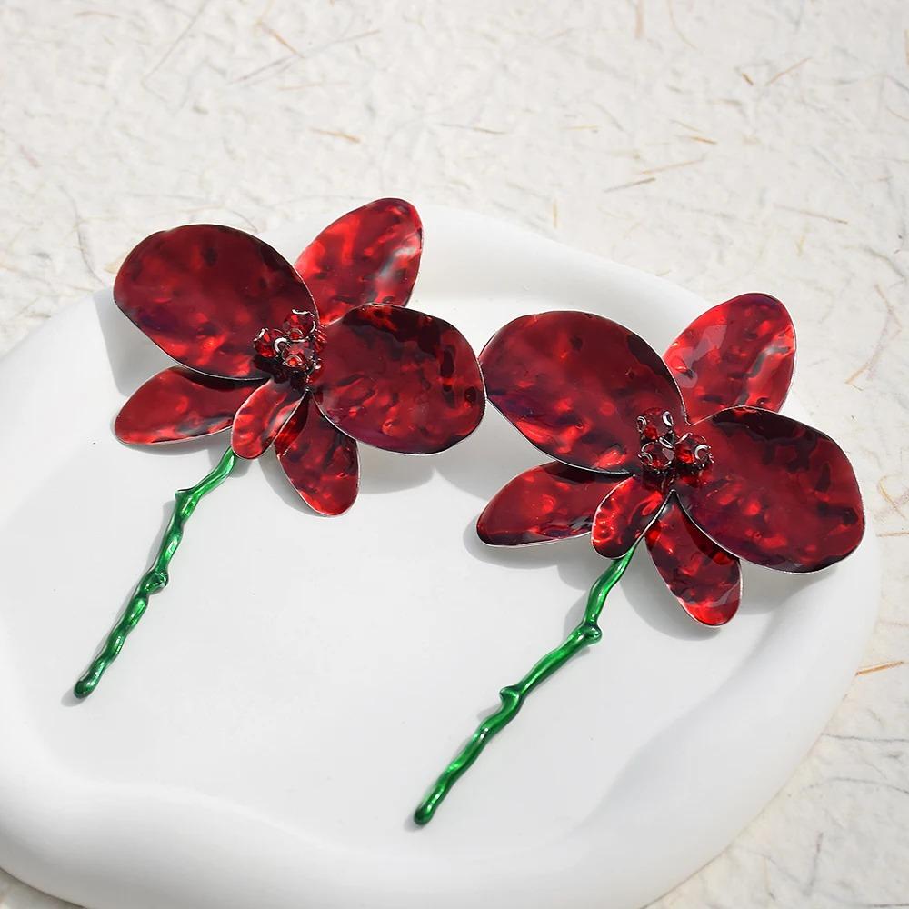 Enamel Design Red Flower Earrings Big Flower Fairy Earrings Vintage Jewelry Accessories  Women