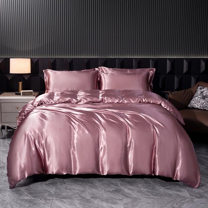 Solid Silk Bedding Set with Duvet Cover Bed Sheet Pillowcases Luxury Satin Single Double Bedsheet King Queen Twin Size
