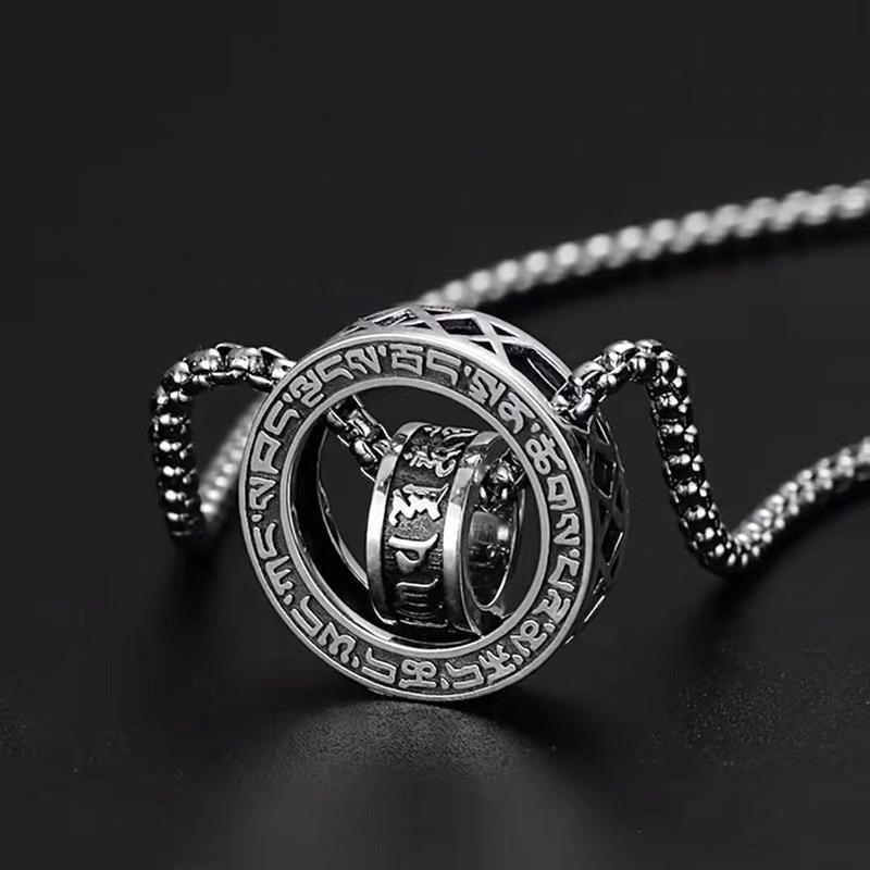 Retro Six Character Mantra Double Ring Pendants Rotating Male Artistic Personality Versatile Necklaces Fashion Jewelry