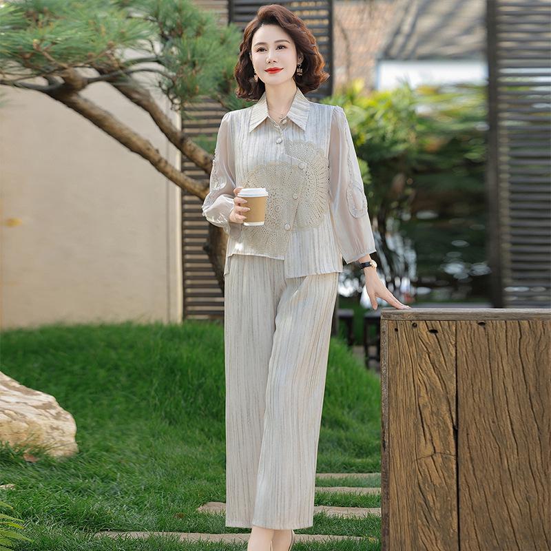 

Elegant Spring Two-Piece Set for Women: Frog Button Long Sleeve Top & Pants, Chinese Style for Middle-Aged and Elderly Women XL [80-95 lbs]