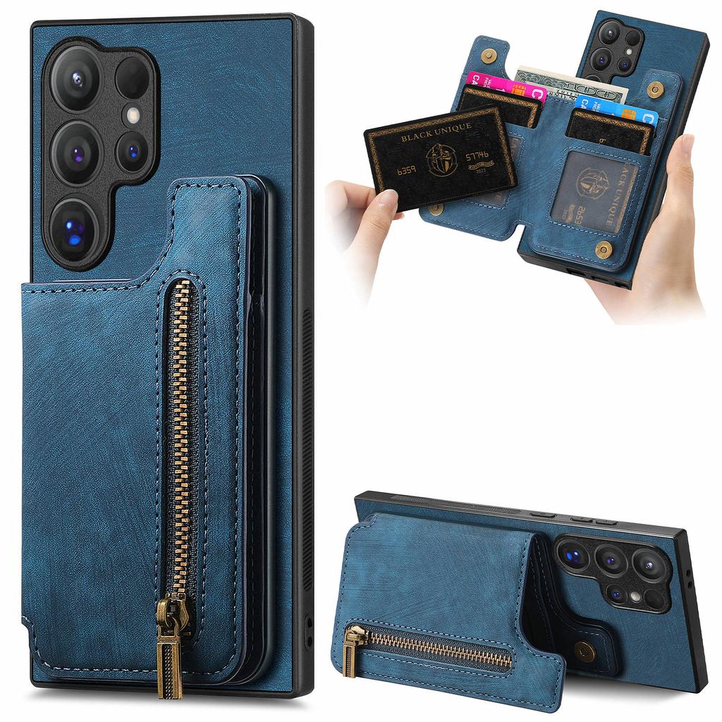 D15 For Samsung Galaxy S24 Ultra Case Card Slot Leather+TPU Zipper Kickstand Retro Phone Cover