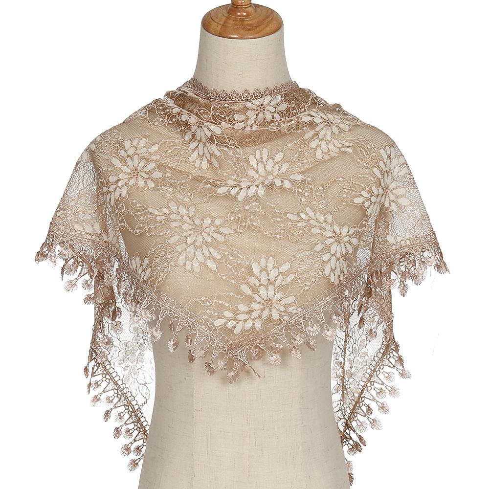 Women Lace Triangle Scarf Floral Embroidery Shawls Muslim Christian Lace Foulard Luxury  Veil Hijab Solid Color Tassels Headband