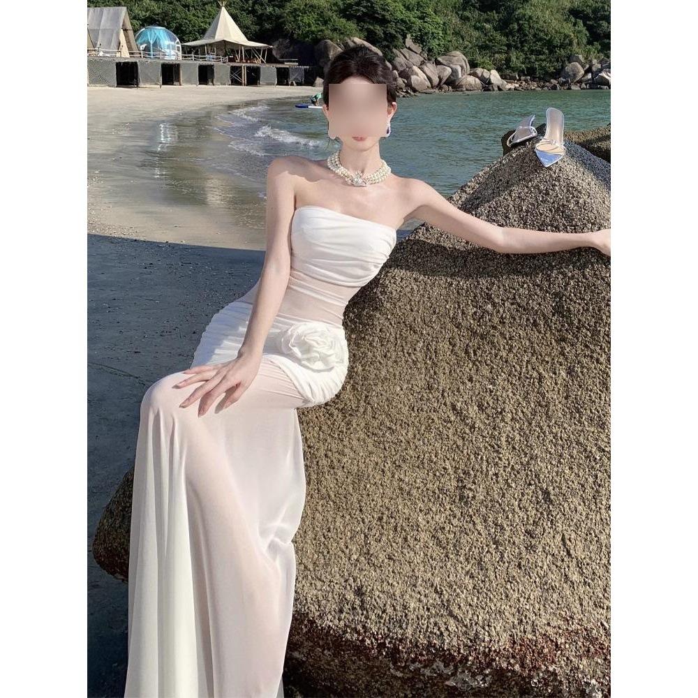 Super fairy vacation wind perspective mesh tube top skirt fishtail long dress dress white dress light wedding dress