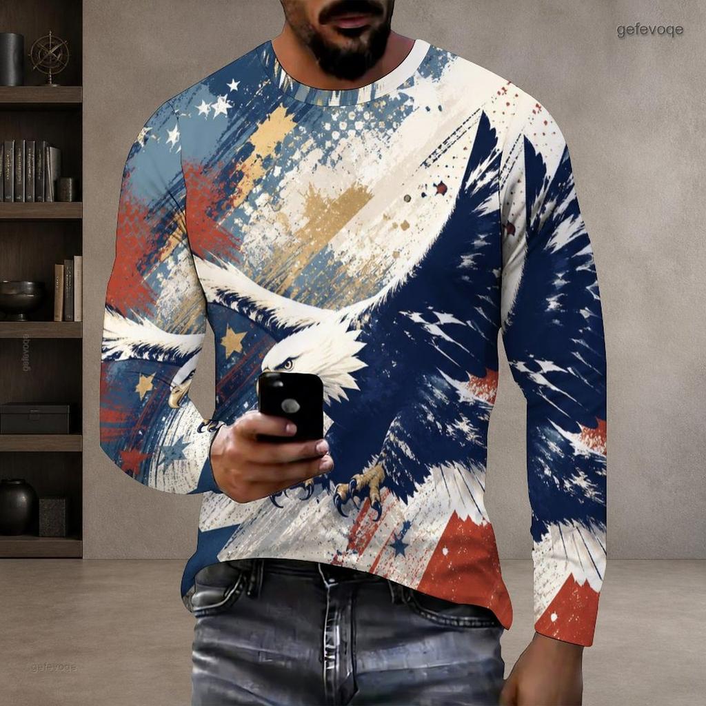 Men Plus Size Round Neck Long Sleeve T Shirt American Eagle Flag Printed Red Blue White Pullover