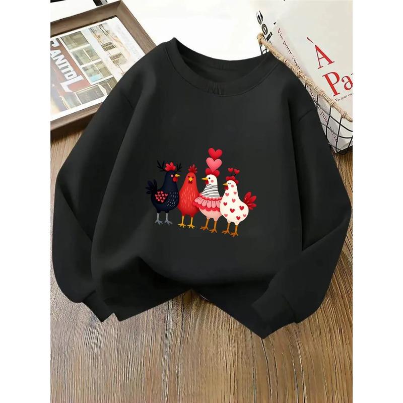 Kids Unisex Crewneck Sweatshirt, Four Cute Chickens With Red Hearts Cartoon Print Soft Fleece Pullover For Kids Over 4 Years Old
