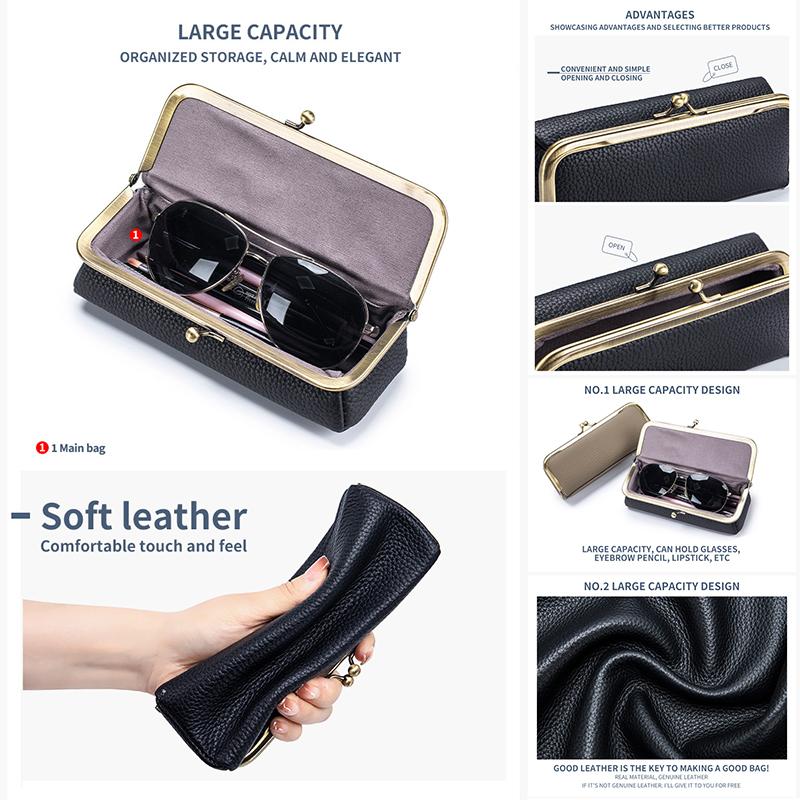 Genuine Leather Glasses Case Fashion Pencil Bag with Kiss Lock Brand Coin Purse Women Travel Sunglasses Box Eyebrow Pencil Box