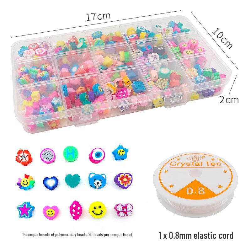 

Набор бусин из полимерной глины смешанного стиля: Смайлики, фруктовые формы и эластичный шнур для изготовления браслетов и ожерелий своими руками.