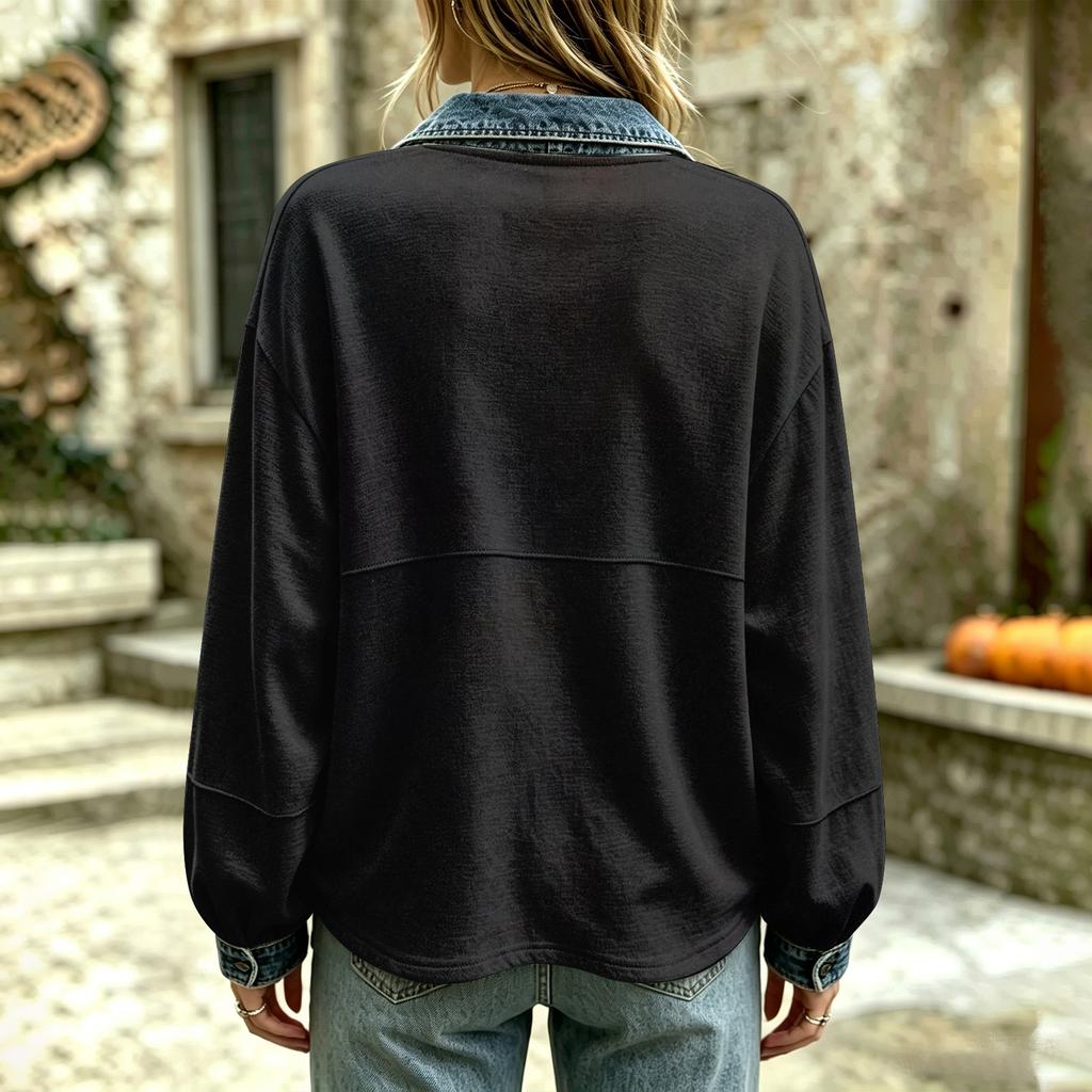 Women's Casual Stylish Long Sleeve Top with Denim Print for Everyday Wear